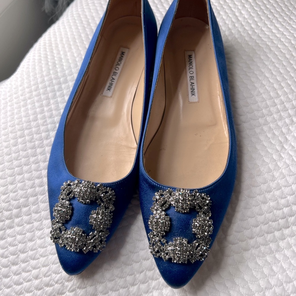 Worn once! Manolo Blahnik Blue Satin Flat Pumps